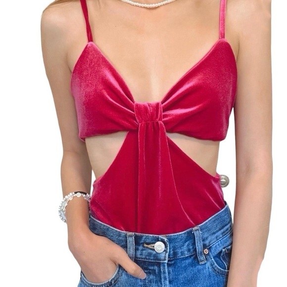 Just Polly velvet cutout bodysuit pink bow women’s small NWT - Picture 3 of 12
